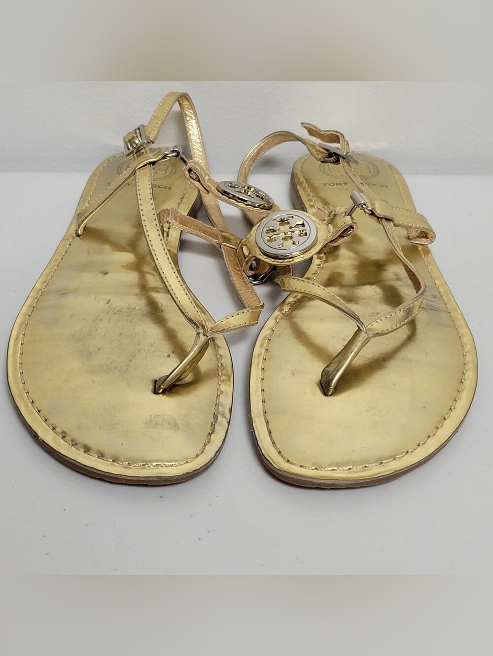 Tory Burch Metallic Gold Logo Slingback Sandals Size 8M. - Picture 7 of 10